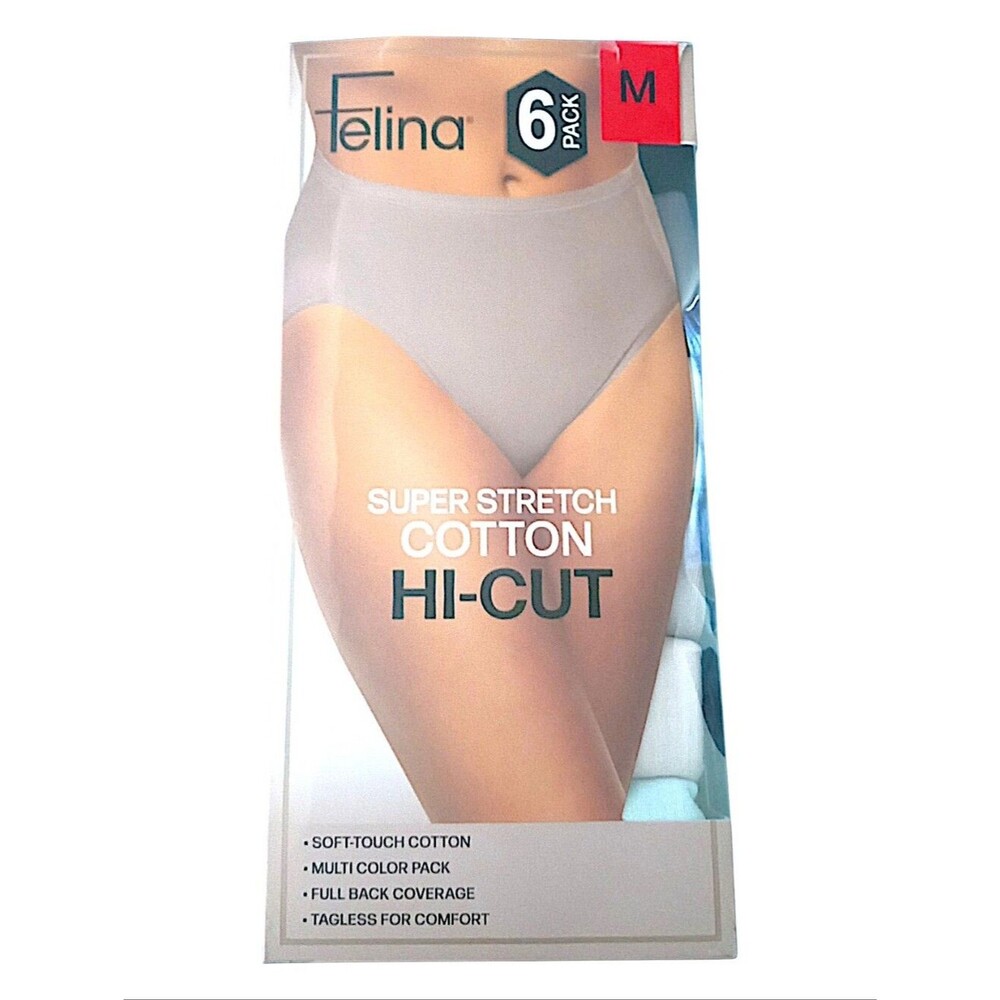 New Felina 6-Pack Super Stretch Cotton Hi-Cut Panties Size Medium